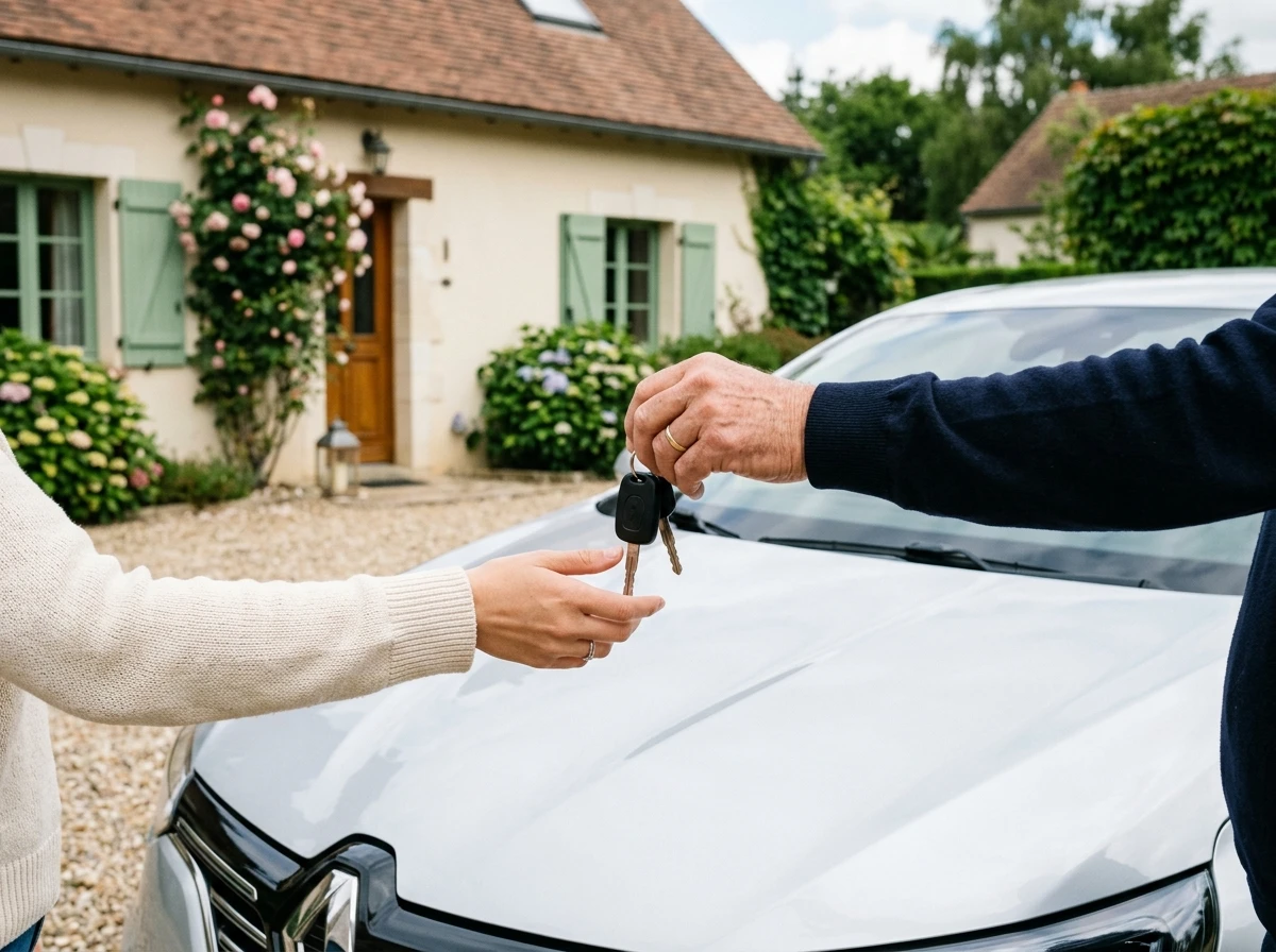 Poignée de main entre vendeur et acheteur devant une voiture